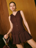 V-Neck Pleated Belted Dress in Burgundy — Svelte Chic