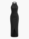 Pleated Halter Backless Maxi Dress in Black — Svelte Chic