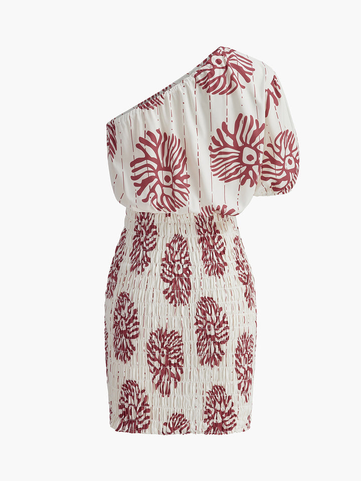 Çekici Tek Omuzlu Çiçek Desenli Lastik Elbise