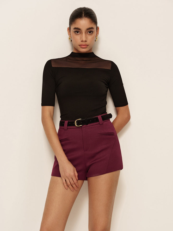 Şık Şeffaf Omuzlu Dar Kesim Kısa Kollu Tişört