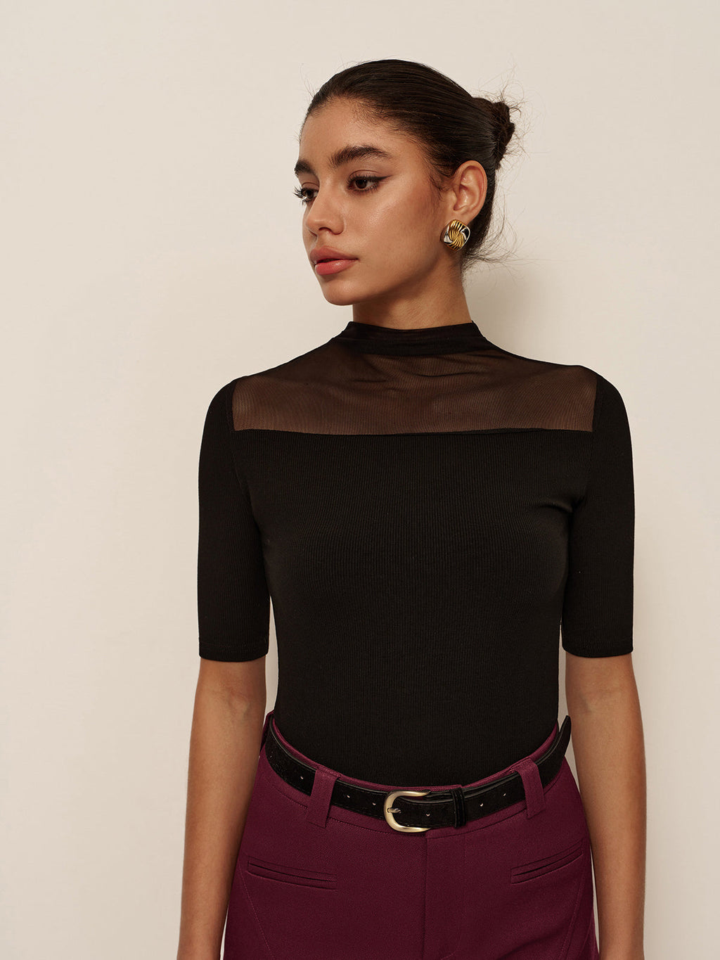 Sheer Shoulder Ribbed Top — Svelte Chic