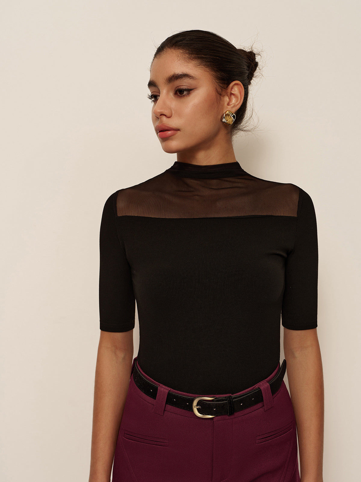 Sheer Shoulder Ribbed Top — Svelte Chic