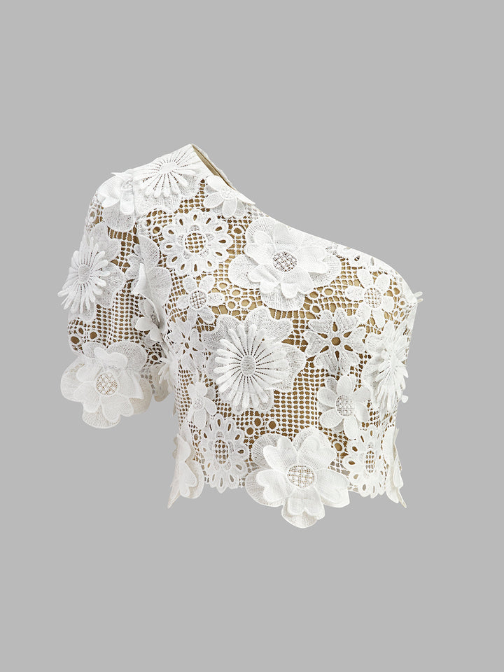 Şık Asimetrik Çiçek Desenli Dantel Üst ve Etek Takımı