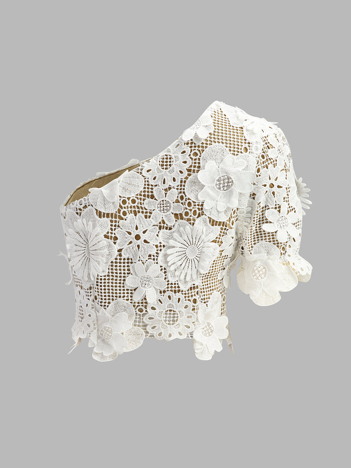 Şık Asimetrik Çiçek Desenli Dantel Üst ve Etek Takımı