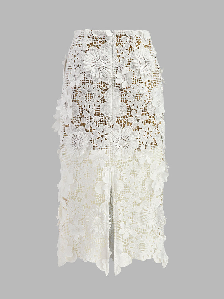 Şık Asimetrik Çiçek Desenli Dantel Üst ve Etek Takımı