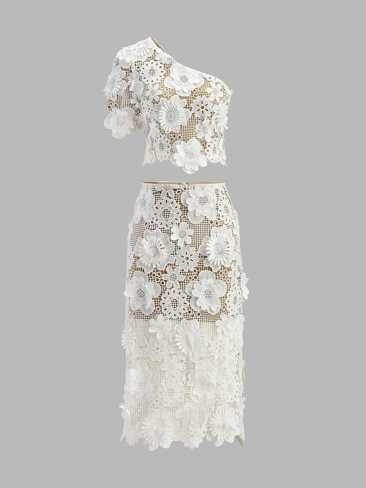 Şık Asimetrik Çiçek Desenli Dantel Üst ve Etek Takımı
