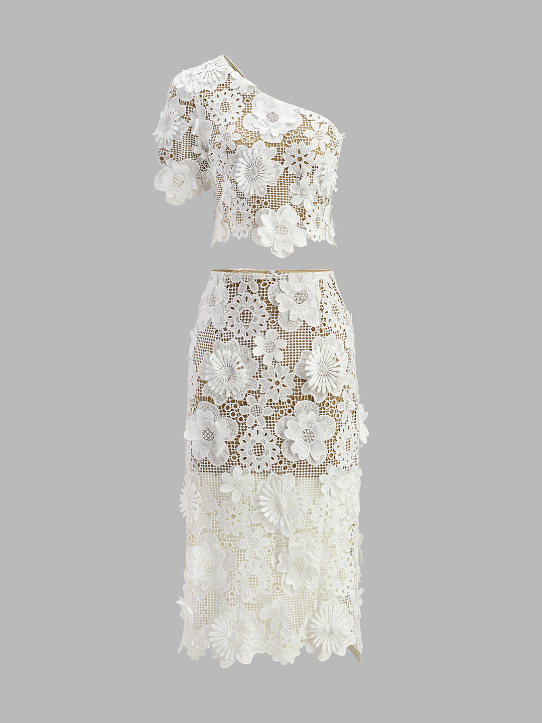Şık Asimetrik Çiçek Desenli Dantel Üst ve Etek Takımı