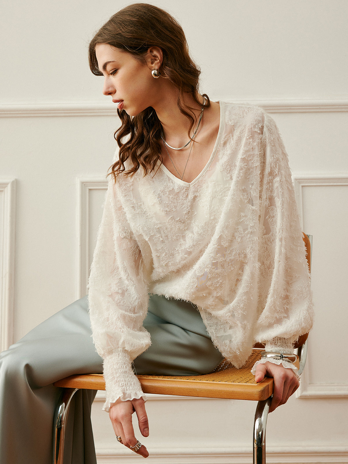 Ruffle V-Neck Chiffon Blouse in White — Svelte Chic