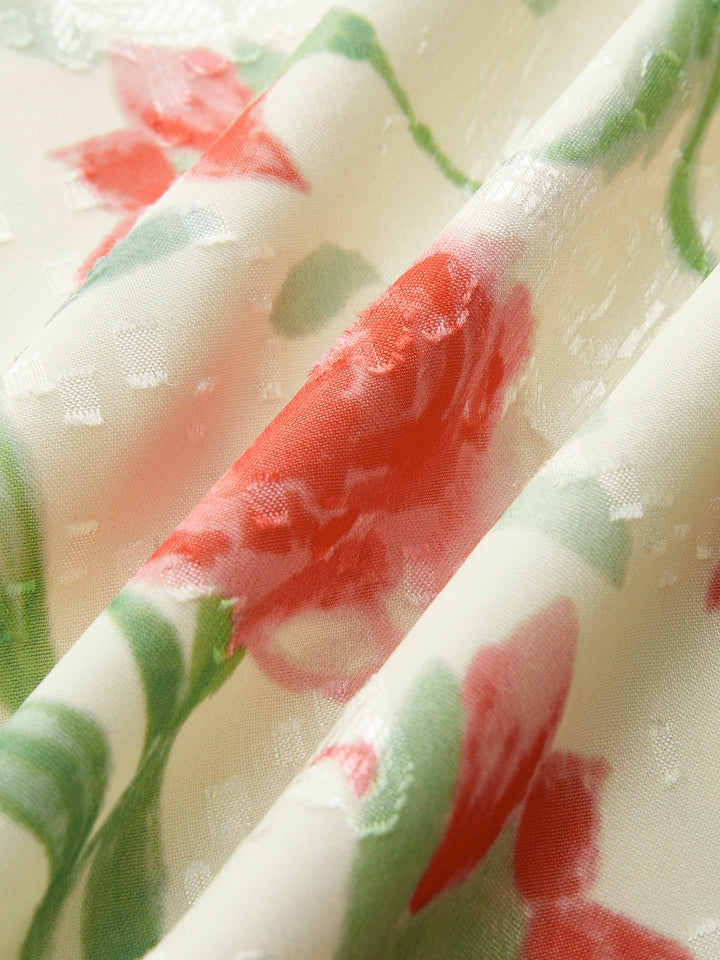 Şık Çiçekli Fırfırlı Elbise, Şık Düğme Detaylarıyla