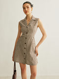 Checkerboard Pocket Back Tie Mini Dress in Brown — Svelte Chic