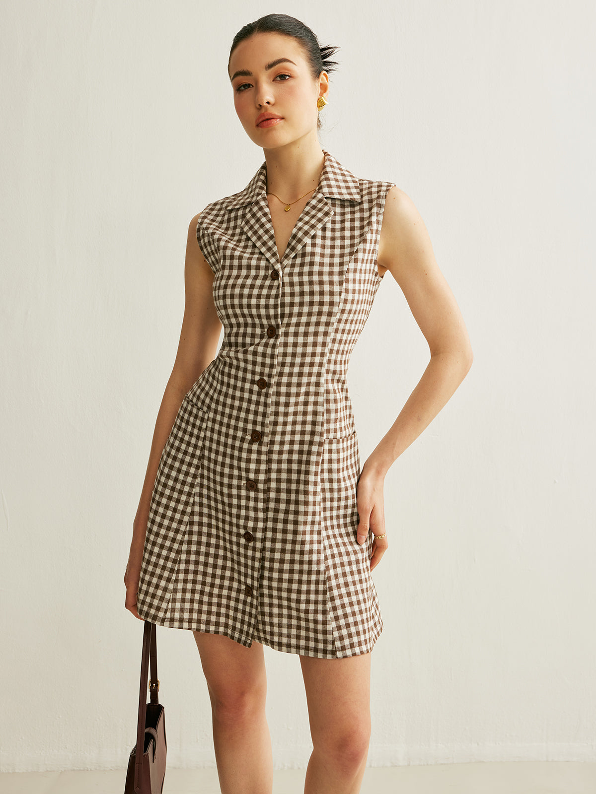 Checkerboard Pocket Back Tie Mini Dress in Brown — Svelte Chic