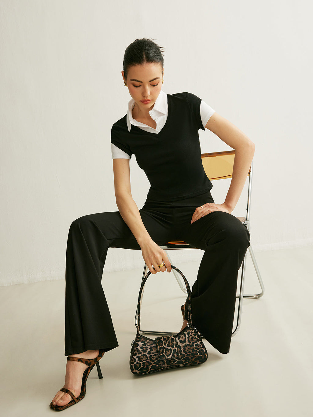Colour Block Polo Collar Top in Black — Svelte Chic