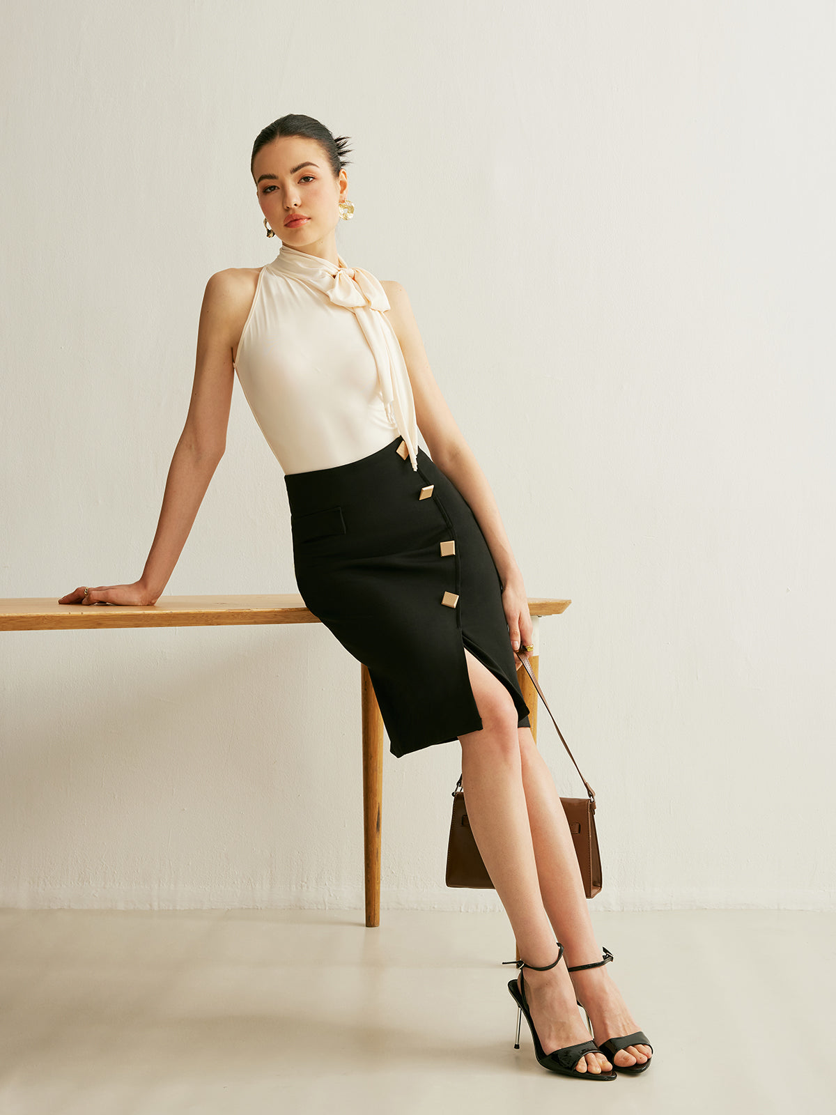 High Waist Metal Button Midi Skirt — Svelte Chic