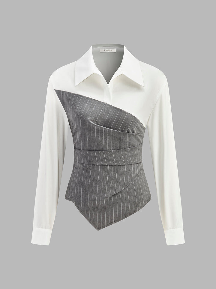 Modaya Uygun Renk Bloklu Asimetrik Çizgili Gömlek