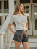 Button Ribbon Detail Knit Blouse in White — Svelte Chic