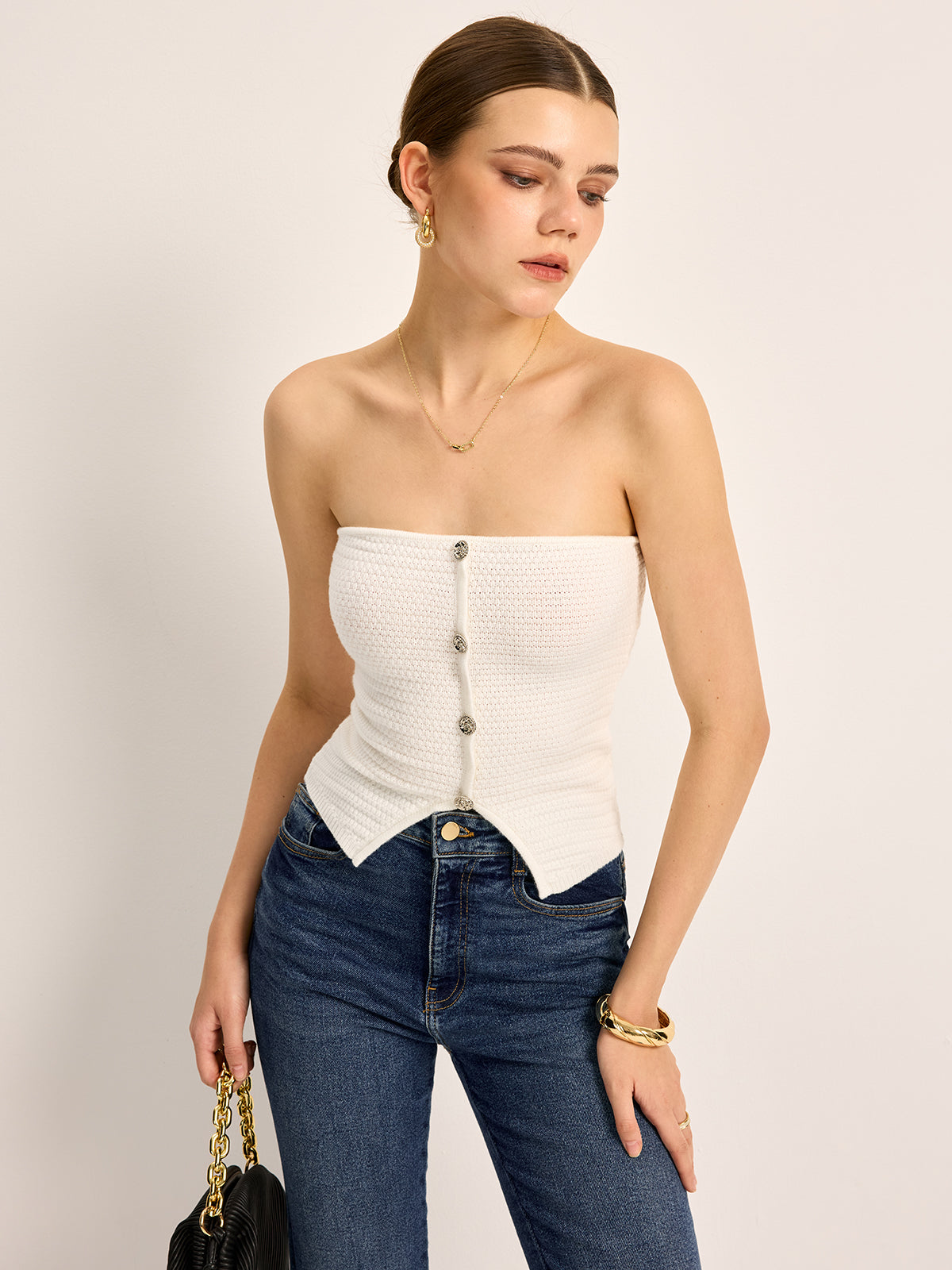 Button Front Strapless Knit Top — Svelte Chic