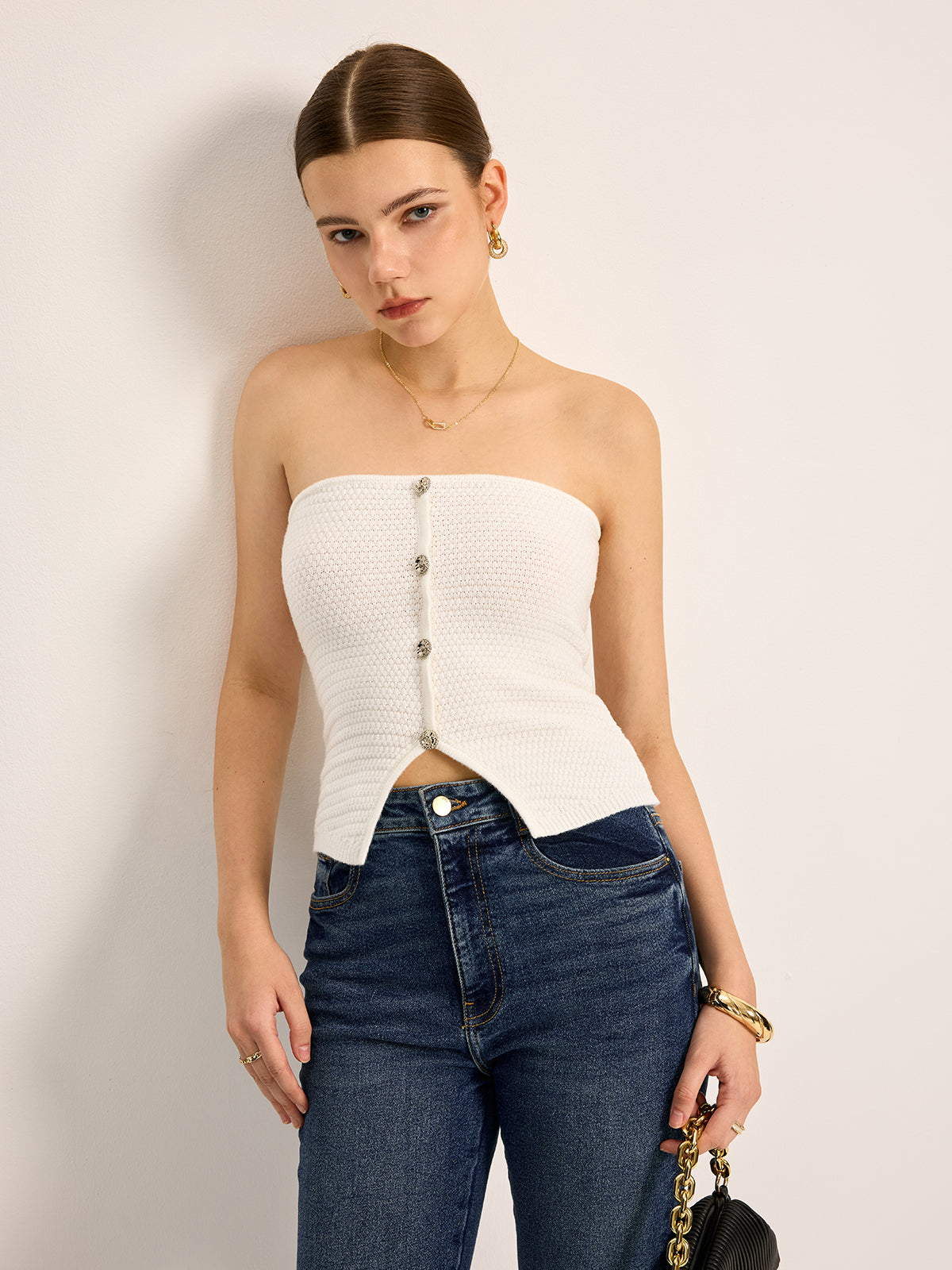 Button Front Strapless Knit Top — Svelte Chic