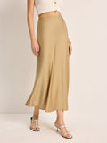 High Waist Satin Midi Skirt in Champagne — Svelte Chic