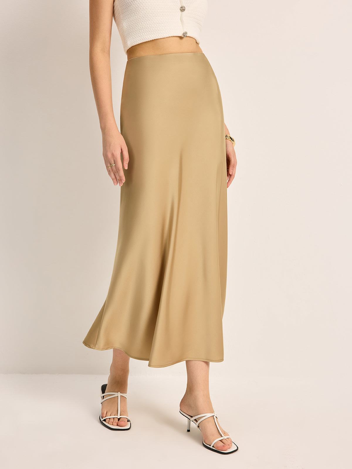 High Waist Satin Midi Skirt in Champagne — Svelte Chic