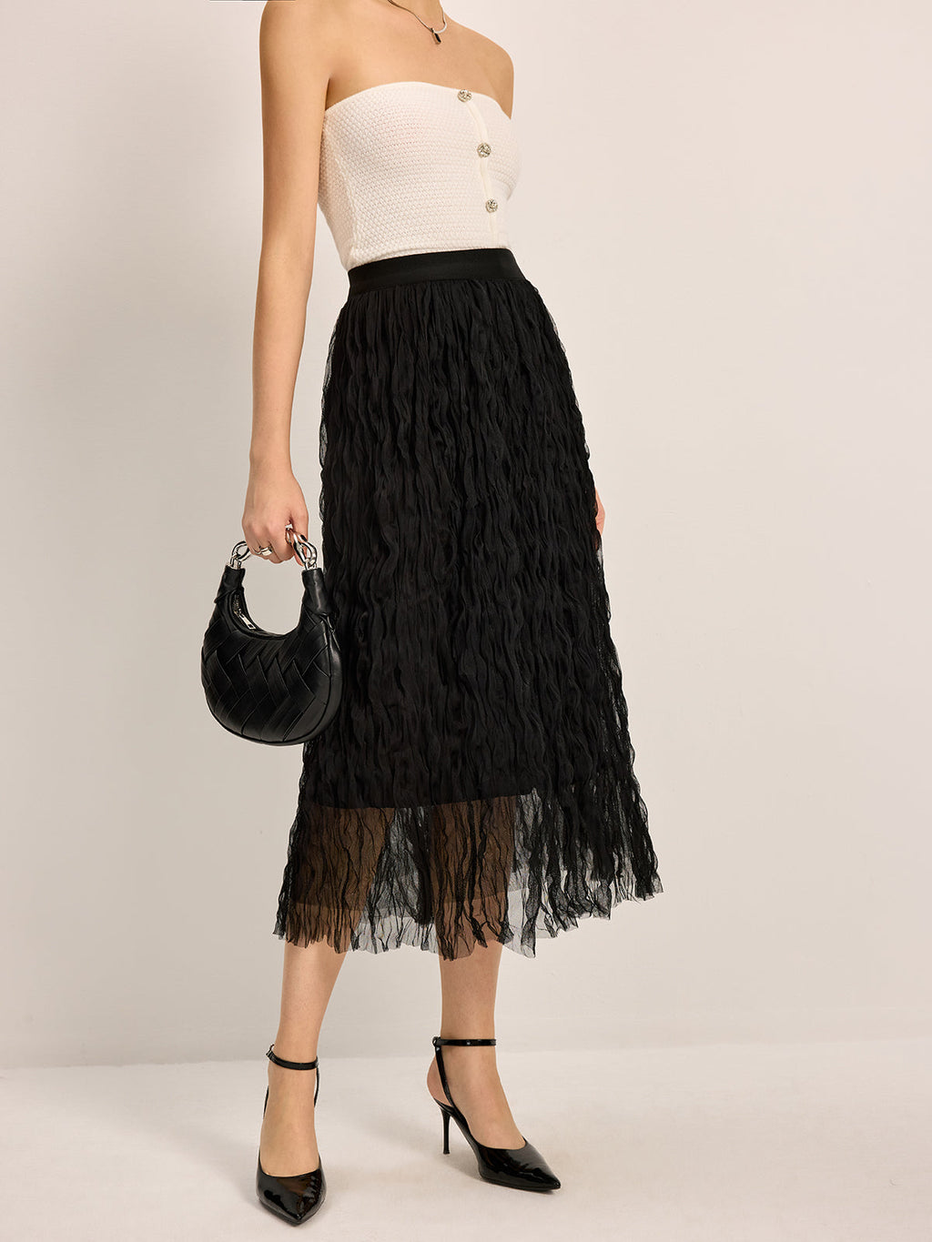 Pleated Tulle Midi Skirt in Black — Svelte Chic