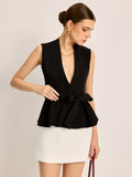 Belted V-Neck Sleeveless Top in Black — Svelte Chic