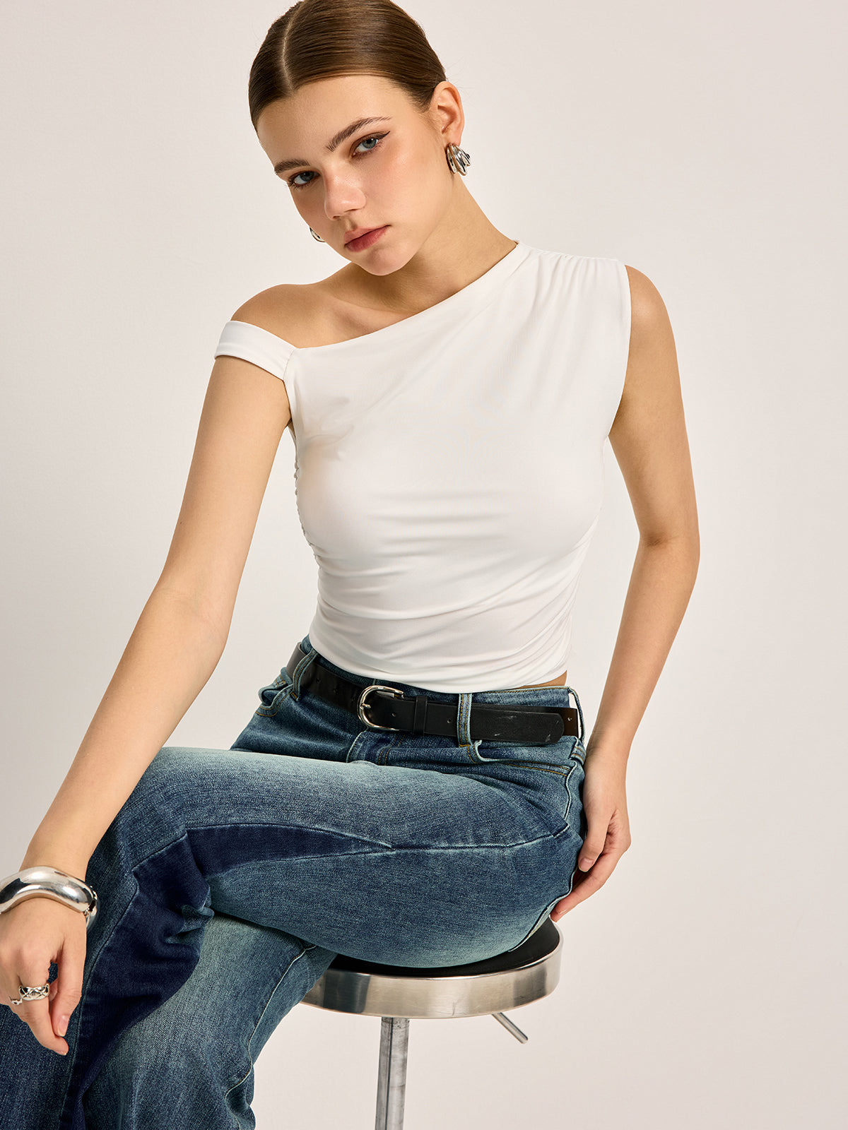 Asymmetric Neckline Ribbed Top — Svelte Chic