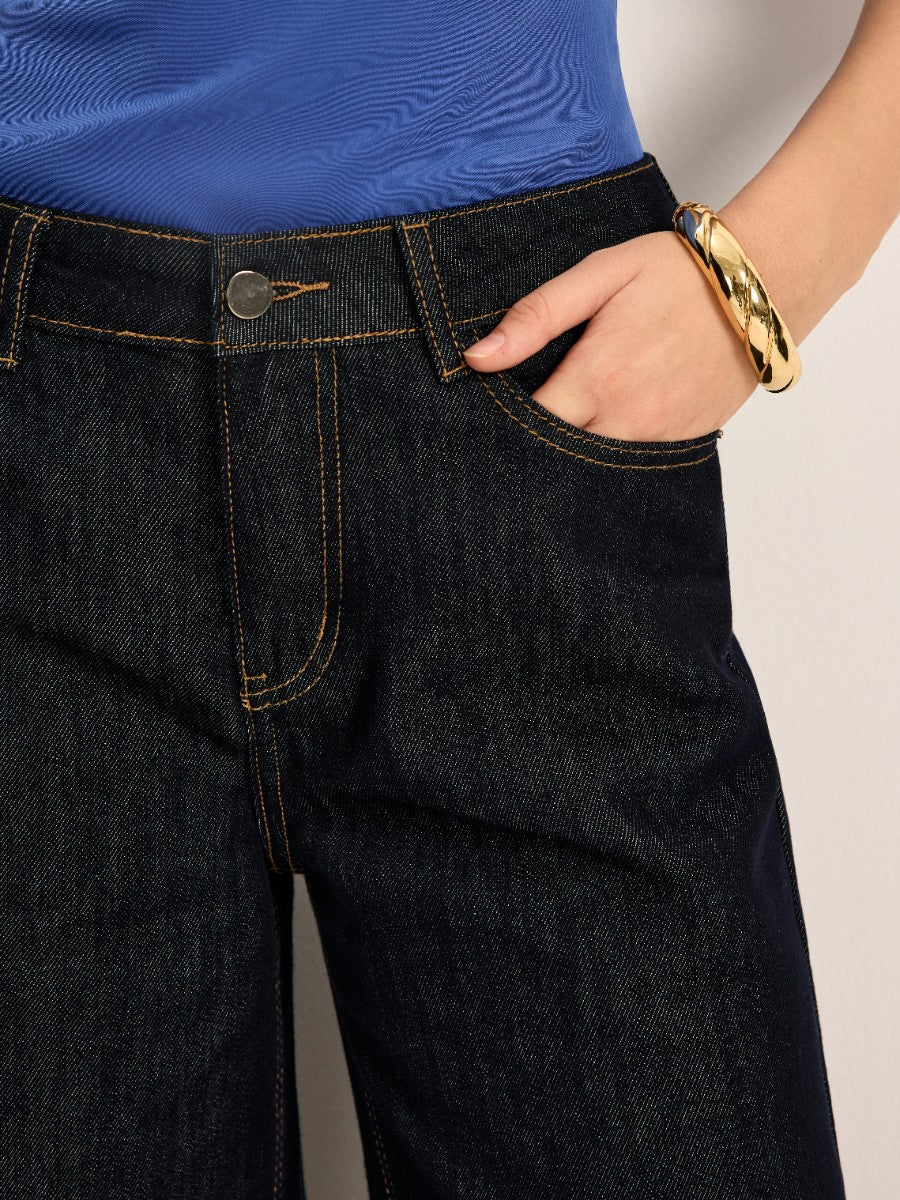 Şık Yüksek Bel Geniş Paça Denim Pantolon