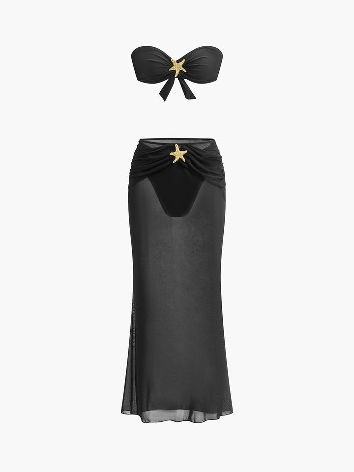 Göz alıcı Deniz Yıldızı Süslemeli Bandeau Bikini ve Zarif File Etek