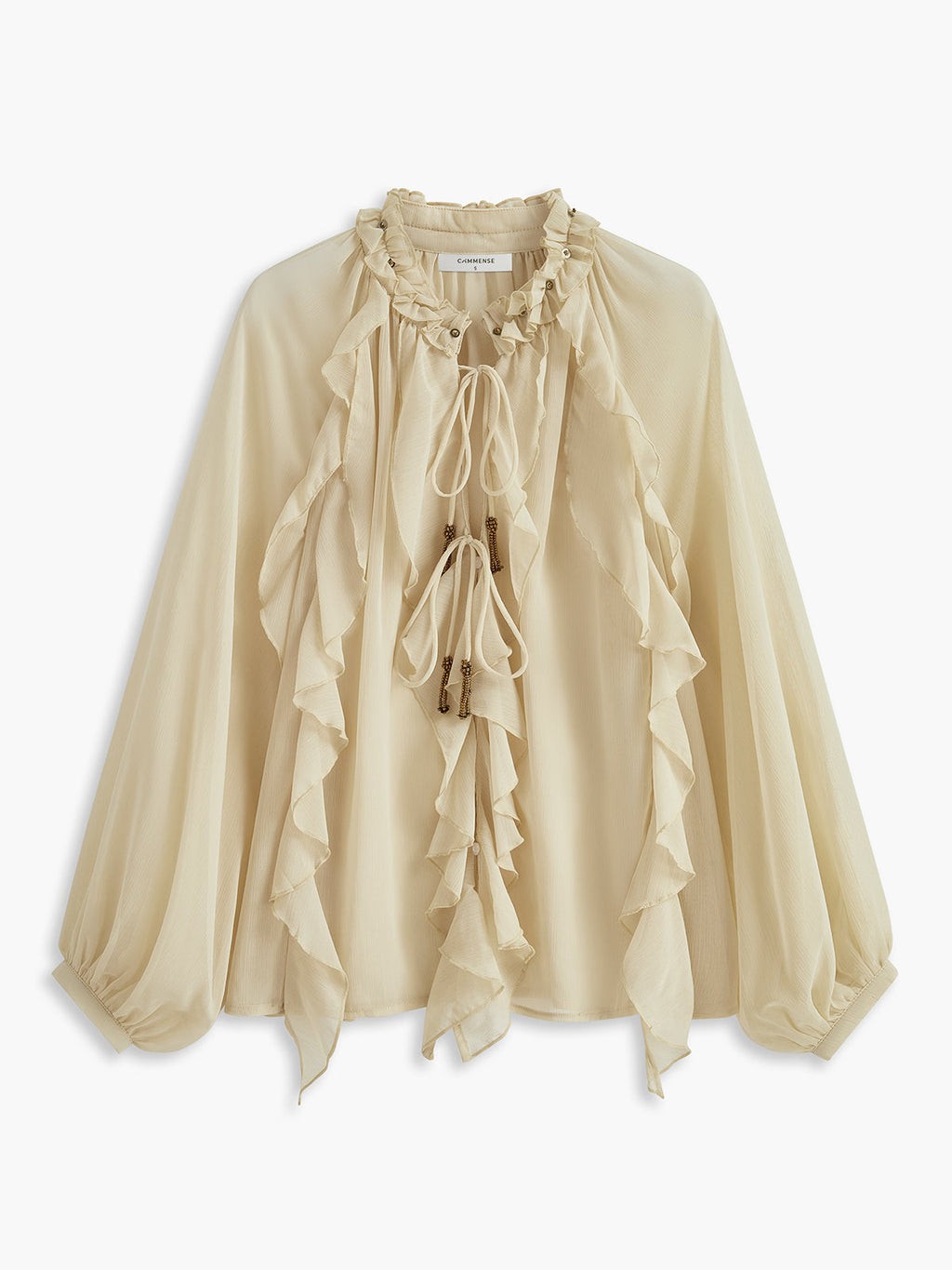 Metal Detail Ruffle Chiffon Blouse in Beige — Svelte Chic