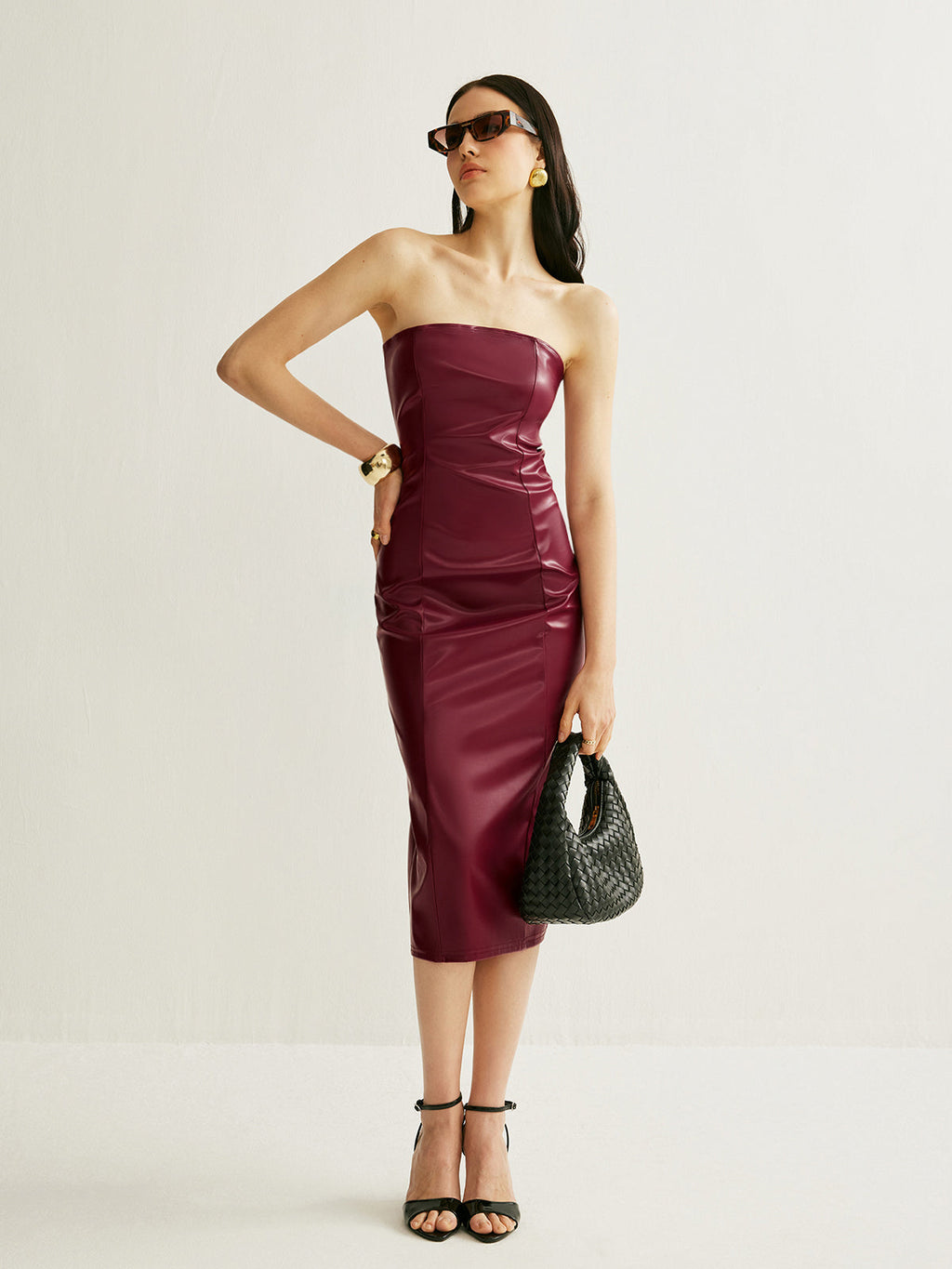 Faux Leather Split Midi Dress in Burgundy — Svelte Chic