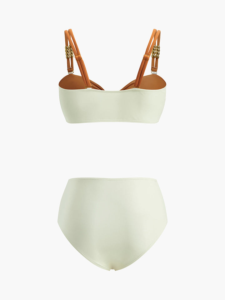 Canlı Renk Bloklu Bikini Seti Şık Kemer Tasarımı ile