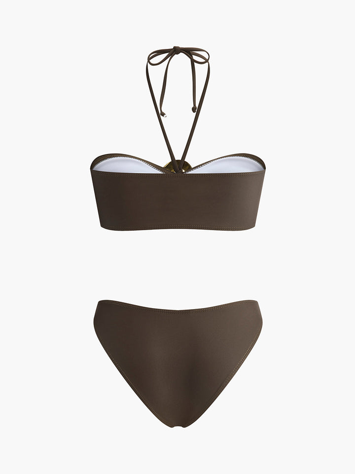 Şık Oval Yüzük Bant Bikini Takımı ve Akışkan Drapeli Etek