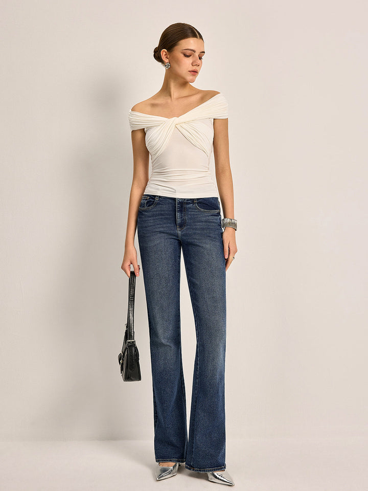 Şık Omuz Açık Kırışık Düğüm Üstü ile Rahat Stil