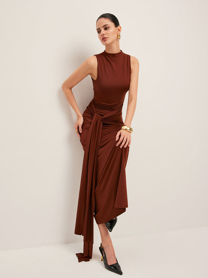 Şık Kıvrımlı Düğümlü Kolsuz Abiye Maxi Elbise