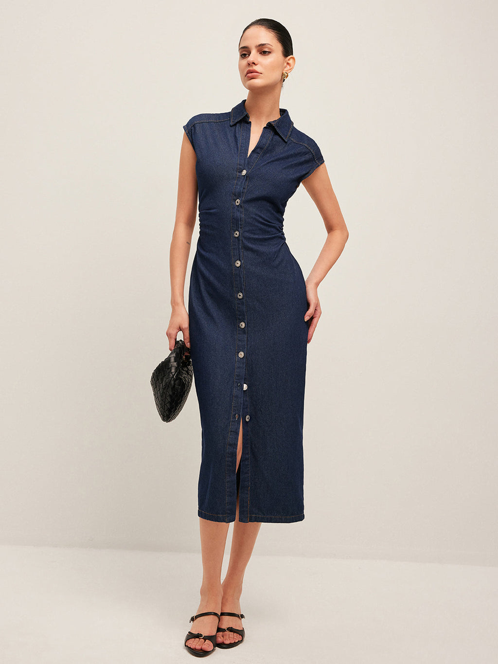 V-Neck Button Denim Midi Dress — Svelte Chic