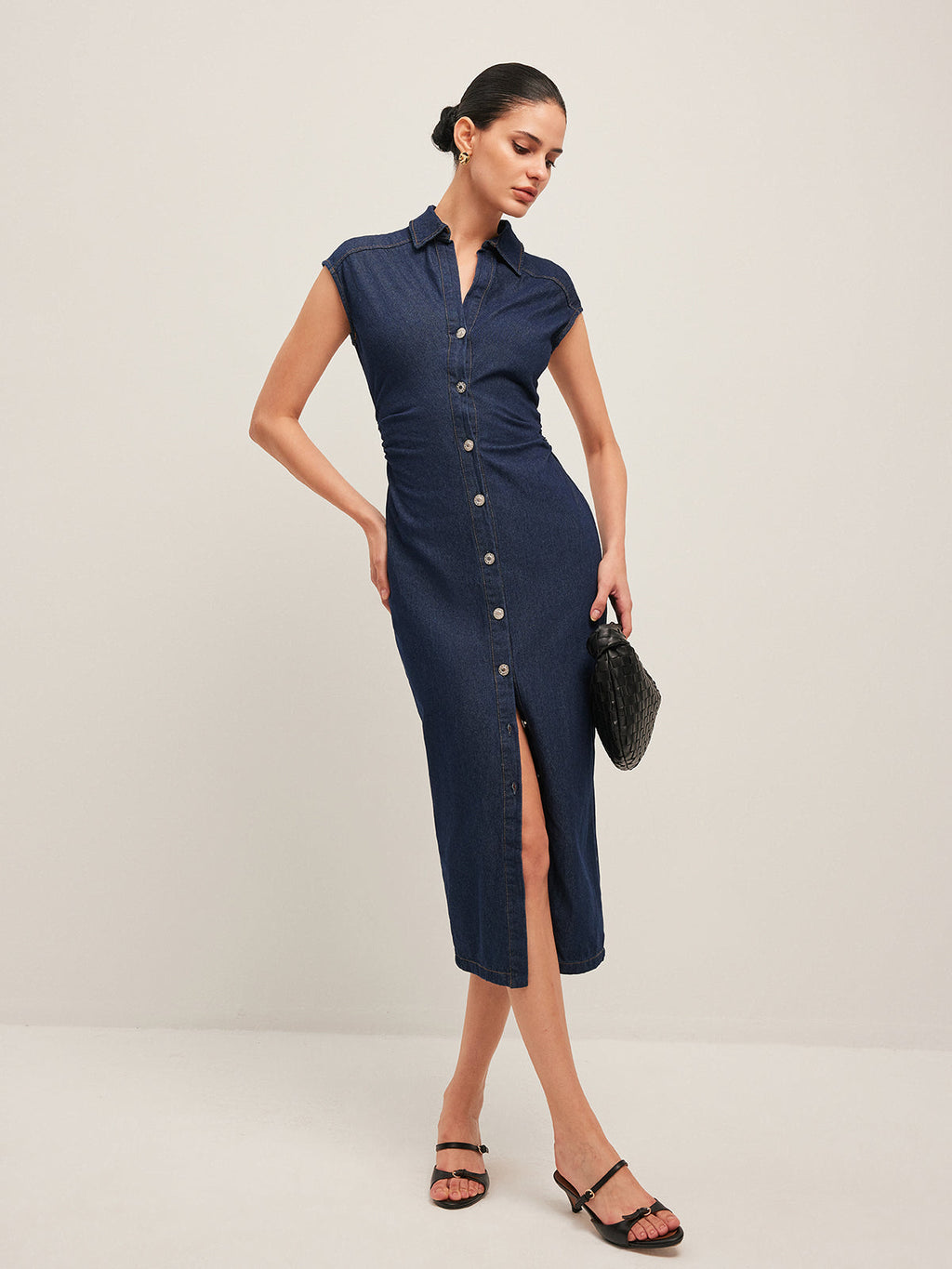 V-Neck Button Denim Midi Dress — Svelte Chic