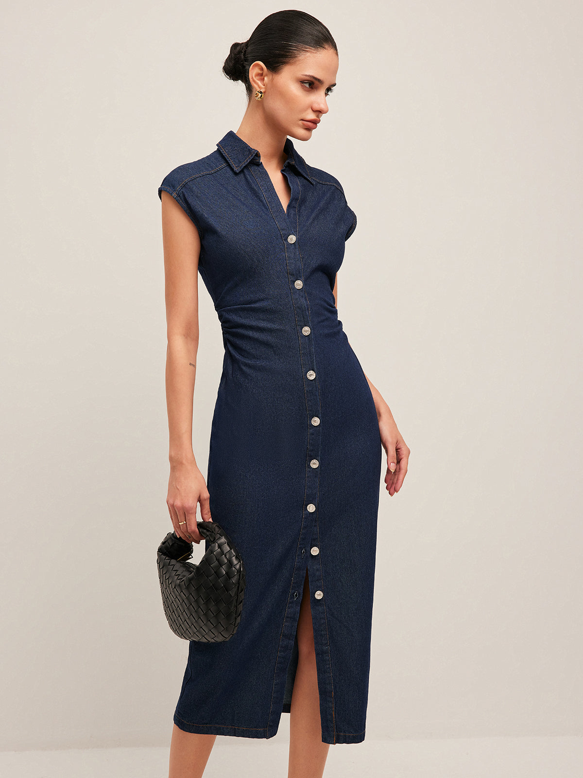 V-Neck Button Denim Midi Dress — Svelte Chic