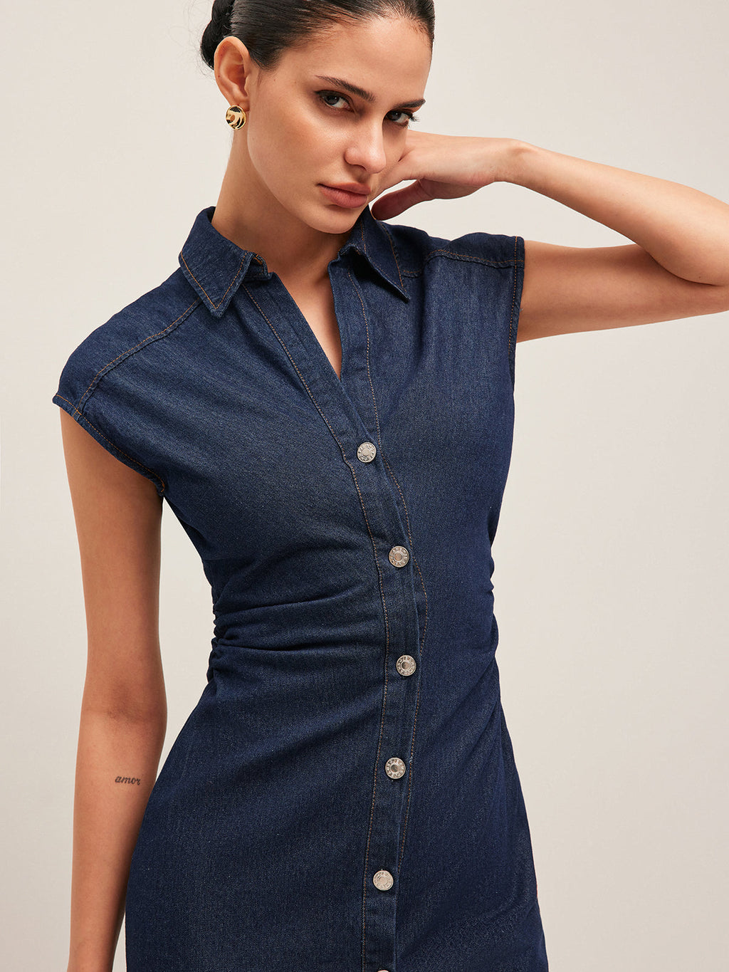 V-Neck Button Denim Midi Dress — Svelte Chic