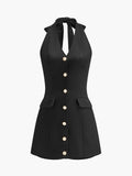 Button Front Halter Jumpsuit in Black — Svelte Chic