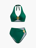 Metal Flower Halter Bikini Set in Green — Svelte Chic