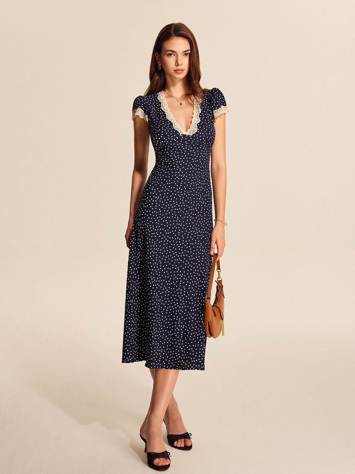 Polka Dot Lace Trim Midi Dress — Svelte Chic