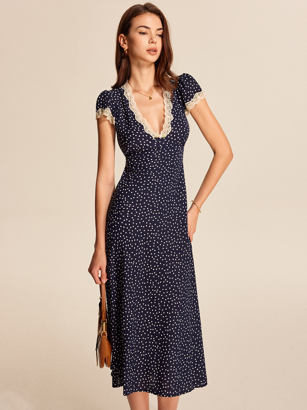Polka Dot Lace Trim Midi Dress — Svelte Chic