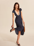 Polka Dot Lace Trim Midi Dress in Blue — Svelte Chic