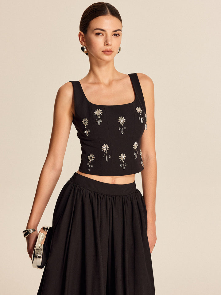 Şık Çiçekli Kristal Arkadan Fermuarlı Bluz