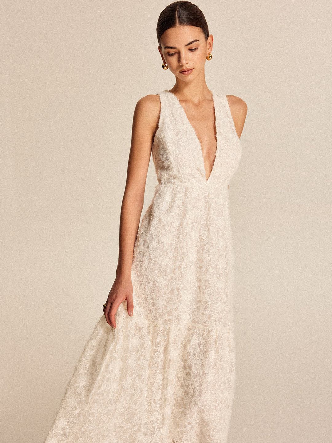 Şık Boho Derin V-Yaka Dantel Abiye Elbise