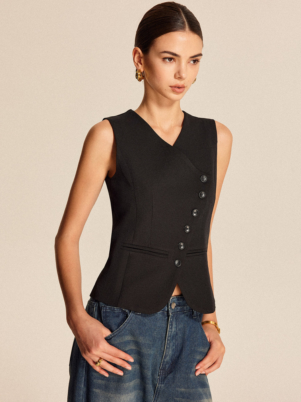 V-Neck Button Sleeveless Vest — Svelte Chic
