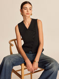 V-Neck Button Sleeveless Vest in Black — Svelte Chic