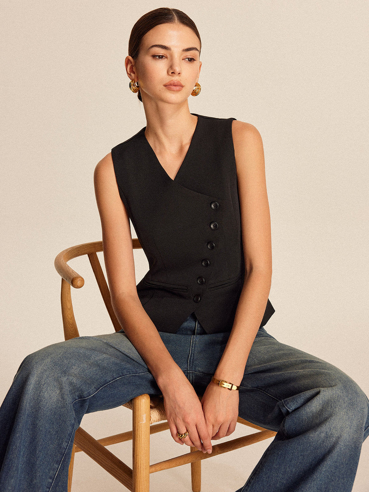 V-Neck Button Sleeveless Vest in Black — Svelte Chic