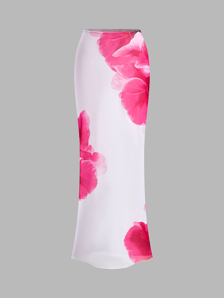 Cazip Çiçekli Bikini Seti, Şeffaf Etek ile Birlikte