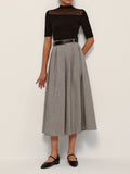 Pleated Check Midi Skirt in Grey — Svelte Chic